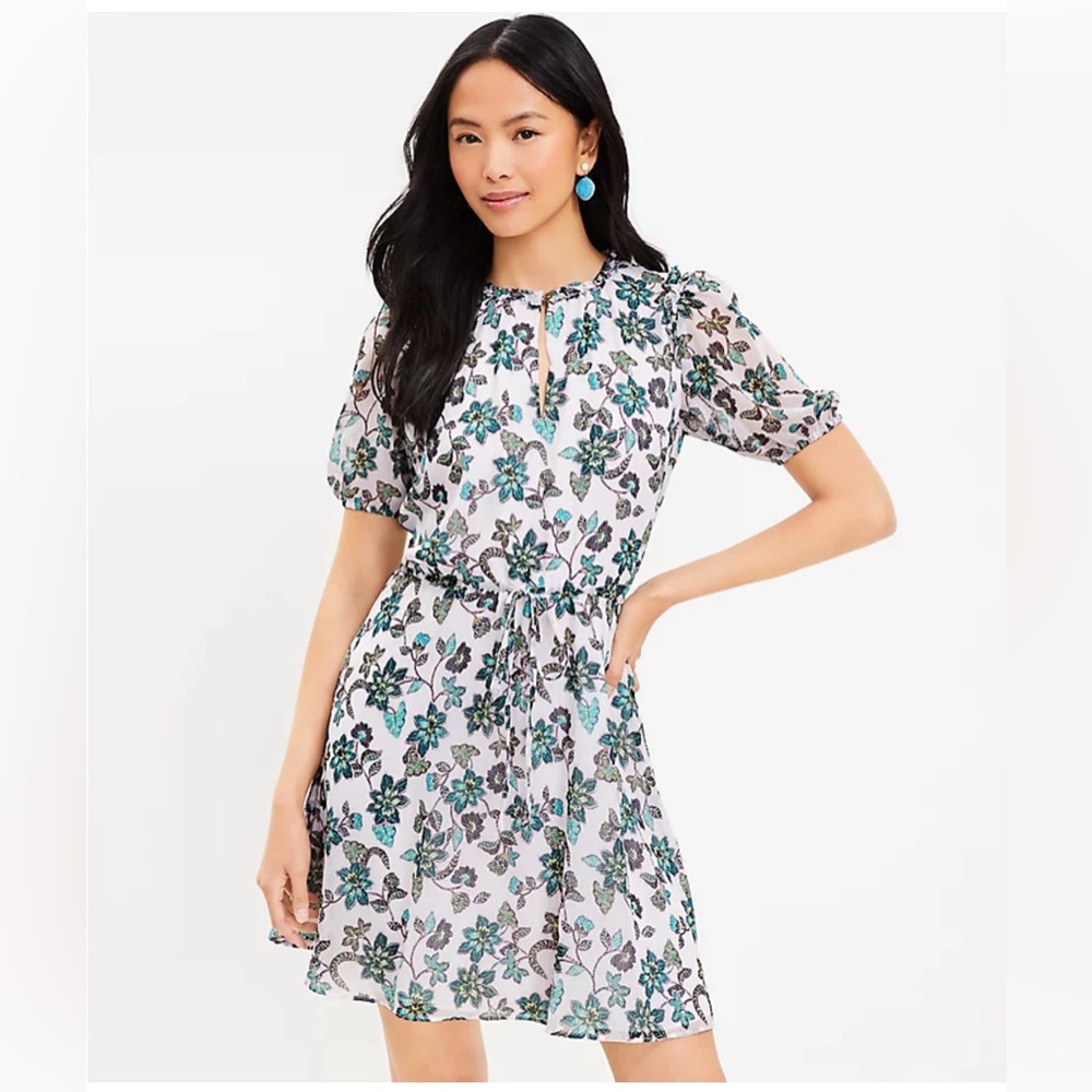 Loft Floral Ruffle Puff Sleeve Dress Size Large